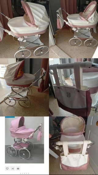 Carro de bebé reborn blanco y rosa