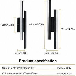 Aplique led negro 40cm 16w 6500K luz blanca