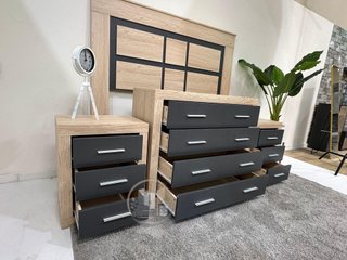️ Pack dormitorio completo – Cabecero + 2 mesitas + cómoda