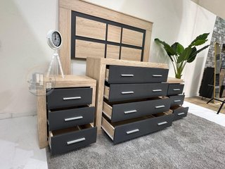 ️ Pack dormitorio completo – Cabecero + 2 mesitas + cómoda