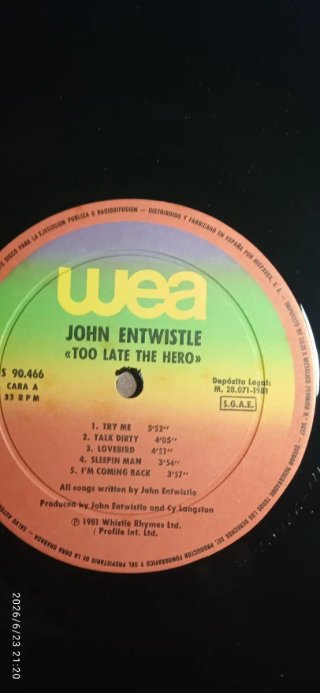 Vinilo LP John Entwistle Too Late The Hero