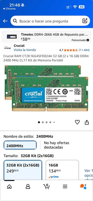 Kit 32GB (2x16GB) 2400Mhz Portátil Nuevo