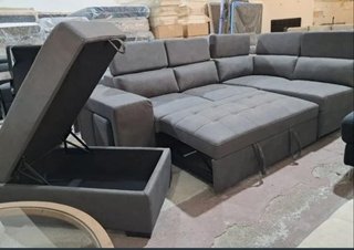 Sofá chaise longue con 3 pufs y cabeceros reclinab
