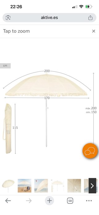 Sombrilla playa beige 200 cm fleco 16 varillas