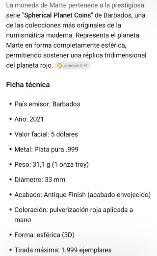 Moneda Esférica Marte 1 Onza Plata Pura