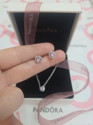 Conjunto Pandora Corazón Rosa y Plata
