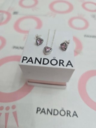 Conjunto Pandora Corazón Rosa y Plata