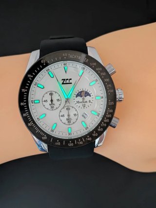 Orologio ZCC Uomo Crono 44mm Silicone Nero Bianco