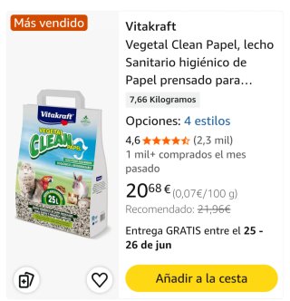 2 Sacos Vitakraft Vegetal Clean Papel 25L