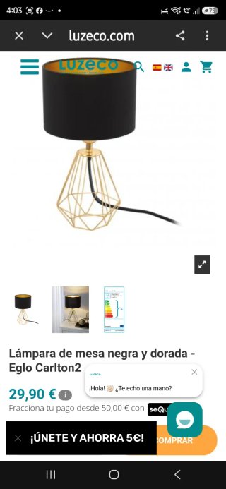 2 Lámparas de mesa negra y dorada Luzeco