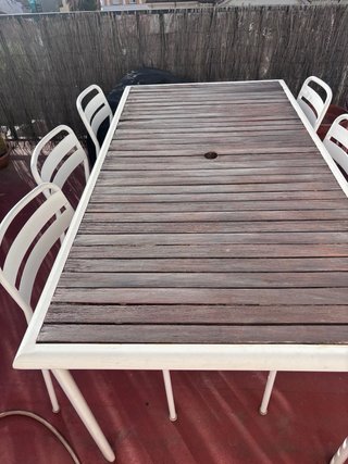 Mesa exterior madera y aluminio + 6 sillas