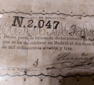 Billete antiguo de lotería nacional , de 1863