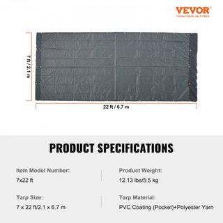 Toldo de Malla para Camiones Volquete, 7 x 22 pies, Cubierta Pesada Negra Recubierta de PVC con Doble Bolsillo de 5.5" 18oz, Ojetes de Latón, Refuerzo de Costura de Doble Aguja, Se Ajusta a Sistem...