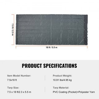 Toldo de Malla para Camiones Volquete, 7.5x18 pies, Cubierta Pesada Negra Recubierta de PVC con Doble Bolsillo de 5.5" 18oz, Ojetes de Latón, Refuerzo de Costura de Doble Aguja que se Ajusta a Sis...