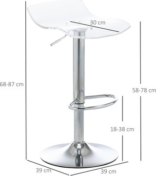 Conjunto de 2 Taburetes de Bar con Altura Ajustable, Taburetes de Cocina Altos con Asiento Giratorio y Reposapiés de Metal y Acrílico, 39X39X67-87 Cm, Transparente