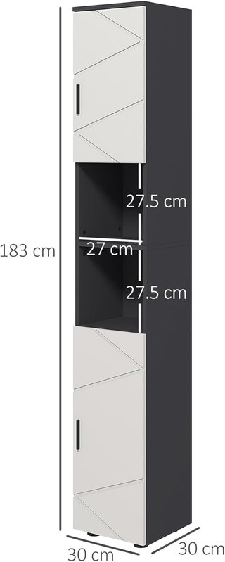 Columna de Baño de Aglomerado con 2 Estantes Abiertos y 2 Armarios de 2 Niveles Regulables, 30x30x183 cm, Gris Claro y Gris Oscuro
