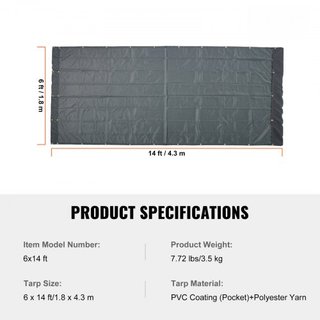 Toldo de Malla para Camiones Volquete, 6 x 14 pies, Cubierta Pesada Negra Recubierta de PVC con Doble Bolsillo de 5.5" 18oz, Ojetes de Latón, Cinta de Costura Doble Reforzada que se Ajusta a Siste...