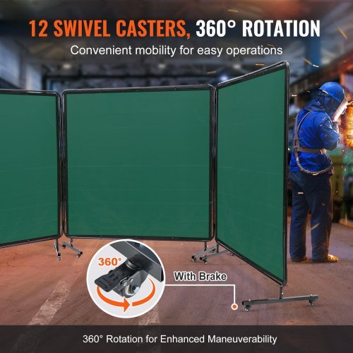 Pantalla de Soldadura con Marco, 182.9 cm x 182.9 cm Pantallas de Cortina de Soldadura de 3 Paneles, Pantalla de Protección de Soldadura de Vinilo Resistente al Fuego sobre 12 Ruedas Giratorias (6...
