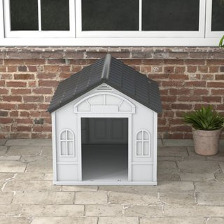 Caseta para Perros Impermeable, Tamaño Mediano y Grande con Techo Inclinado y Puerta de Entrada, Caseta para Perros Ventilada, Fácil de Montar, 84.2x98.2x82 cm, Gris
