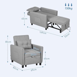 Sofá Cama Individual Con Respaldo Reclinable En 3 Niveles, 2 Ruedas Y Cojín, Sofá Cama Individual Plegable Para Sala De Estar En Tejido Efecto Lino Y Madera, 69X82X85Cm, Gris Claro