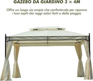 Gazebo De Jardín 3X4M De Acero Con Doble Techo Y 4 Cortinas Laterales Crema