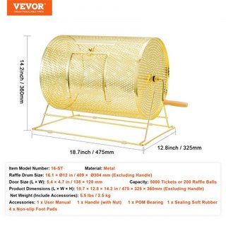 Tambor de Rifa, 16.1 x Ø12 pulgadas Jaula Giratoria de Boletos de Rifa con Acabado en Latón, Capacidad para 5000 Boletos o 200 Pelotas de Ping Pong, Sorteo de Lotería Metálico con Mango de Madera,...