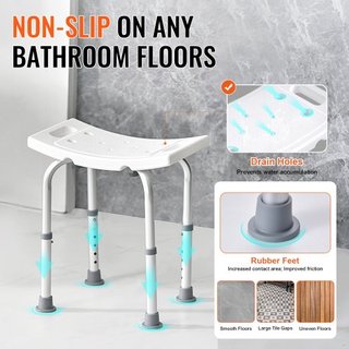Silla de Ducha, Taburete de Ducha de Altura Ajustable con Mangos Integrados, Asiento de Ducha para Ducha o Bañera, Taburete Antideslizante para Ancianos Discapacitados, Capacidad de 158.8 kg