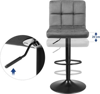 Taburetes de Bar, Set de 2, Taburetes de Cocina con Superficie de Terciopelo, Altura Ajustable, Silla de Cocina Giratoria con Respaldo y Reposapiés, Gris Oscuro