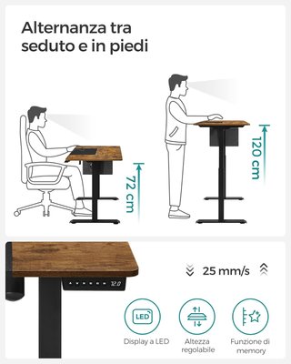 Escritorio Regulable en Altura Eléctrico, 120 X 60 Cm, Escritorio Eléctrico, Mesa Con Memoria para 4 Alturas, Puerto USB-C, Marrón Vintage y Negro Mate LSD015X01