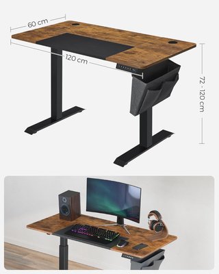 Escritorio Regulable en Altura Eléctrico, 120 X 60 Cm, Escritorio Eléctrico, Mesa Con Memoria para 4 Alturas, Puerto USB-C, Marrón Vintage y Negro Mate LSD015X01