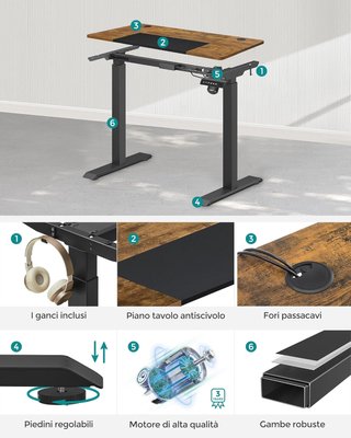 Escritorio Regulable en Altura Eléctrico, 120 X 60 Cm, Escritorio Eléctrico, Mesa Con Memoria para 4 Alturas, Puerto USB-C, Marrón Vintage y Negro Mate LSD015X01