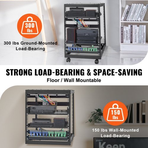 Rack de Servidor Abierto de 15U, Profundidad Ajustable de 58.5-101.6cm/23-40 in, Rack de Servidor de Red Montado en Pared o Independiente, Rack AV de 4 Postes con Ruedas, Soporta Todo Su Equipo de...