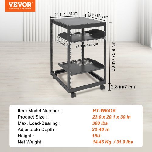 Rack de Servidor Abierto de 15U, Profundidad Ajustable de 58.5-101.6cm/23-40 in, Rack de Servidor de Red Montado en Pared o Independiente, Rack AV de 4 Postes con Ruedas, Soporta Todo Su Equipo de...