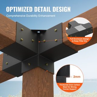 Kit de Soporte para Pérgola 10.2 cm x 10.2 cm, Tamaño Interno 9.1 cm x 9.1 cm 2pcs Soporte de Esquina de 4 Vías de Alta Resistencia para Trabajos en Madera, Kit de Base para Poste de Instalación F...