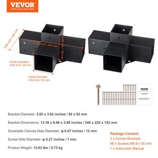 Kit de Soporte para Pérgola 10.2 cm x 10.2 cm, Tamaño Interno 9.1 cm x 9.1 cm 2pcs Soporte de Esquina de 4 Vías de Alta Resistencia para Trabajos en Madera, Kit de Base para Poste de Instalación F...