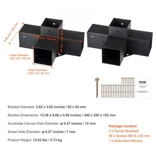 Kit de Soporte para Pérgola 10.2 cm x 10.2 cm, Tamaño Interno 9.1 cm x 9.1 cm 2pcs Soporte de Esquina de 4 Vías de Alta Resistencia para Trabajos en Madera, Kit de Base para Poste de Instalación F...