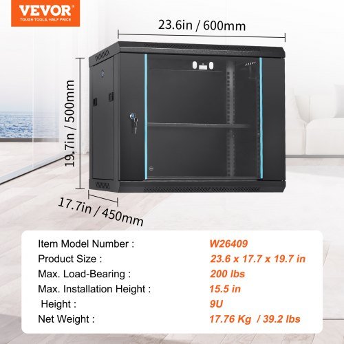 Gabinete de Servidor de Red Montado en Pared de 9U, 60x45x50cm, 39.4 cm de Profundidad, Enclosure de Rack de Servidor, Capacidad de Carga Máxima en Tierra de 90.7 kg, con Puerta de Vidrio con Cerr...