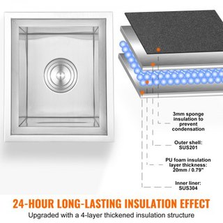 Cajón de Hielo Integrado, 14"L x 12"W x 18"H Enfriador de Acero Inoxidable, Bin de Hielo Comercial con Tapa, Bar de Hielo para Cocina Exterior de 40 qt, Incluye Tubería de Drenaje y Tapón de Drena...