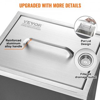 Cajón de Hielo Integrado, 14"L x 12"W x 18"H Enfriador de Acero Inoxidable, Bin de Hielo Comercial con Tapa, Bar de Hielo para Cocina Exterior de 40 qt, Incluye Tubería de Drenaje y Tapón de Drena...