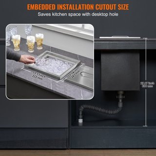 Cajón de Hielo Integrado, 14"L x 12"W x 18"H Enfriador de Acero Inoxidable, Bin de Hielo Comercial con Tapa, Bar de Hielo para Cocina Exterior de 40 qt, Incluye Tubería de Drenaje y Tapón de Drena...