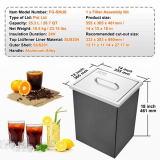 Cajón de Hielo Integrado, 14"L x 12"W x 18"H Enfriador de Acero Inoxidable, Bin de Hielo Comercial con Tapa, Bar de Hielo para Cocina Exterior de 40 qt, Incluye Tubería de Drenaje y Tapón de Drena...