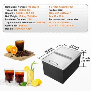 Cofre de Hielo Integrado, 61 cm L x 46 cm W x 33 cm H Enfriador de Acero Inoxidable, Bin de Hielo Comercial con Tapa Deslizante, Bar de Hielo para Cocina Exterior de 38.7 L, Incluye Tubería de Dre...