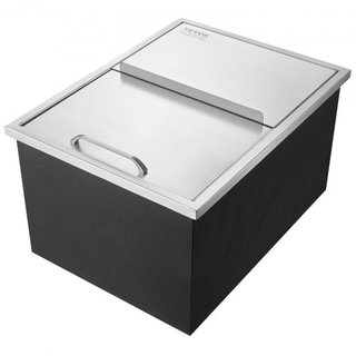 Cofre de Hielo Integrado, 61 cm L x 46 cm W x 33 cm H Enfriador de Acero Inoxidable, Bin de Hielo Comercial con Tapa Deslizante, Bar de Hielo para Cocina Exterior de 38.7 L, Incluye Tubería de Dre...