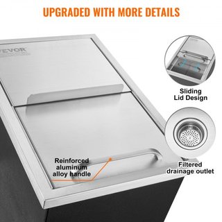 Cofre de Hielo Integrado, 46 cm L x 30.5 cm W x 36.8 cm H Enfriador de Hielo de Acero Inoxidable, Bin de Hielo Comercial con Tapa Deslizante, 38.7 L Bar de Hielo para Cocina Exterior, Incluye Tube...