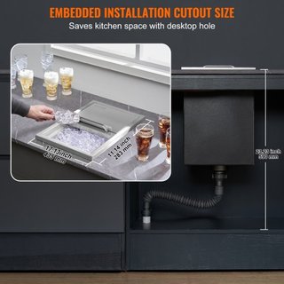 Cofre de Hielo Integrado, 46 cm L x 30.5 cm W x 36.8 cm H Enfriador de Hielo de Acero Inoxidable, Bin de Hielo Comercial con Tapa Deslizante, 38.7 L Bar de Hielo para Cocina Exterior, Incluye Tube...