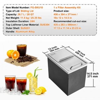 Cofre de Hielo Integrado, 46 cm L x 30.5 cm W x 36.8 cm H Enfriador de Hielo de Acero Inoxidable, Bin de Hielo Comercial con Tapa Deslizante, 38.7 L Bar de Hielo para Cocina Exterior, Incluye Tube...