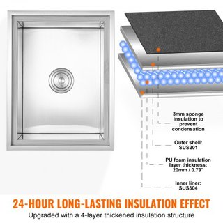Cofre de Hielo Integrado, 22"L x 17"W x 12"H Enfriador de Acero Inoxidable, Bin de Hielo Comercial con Tapa, Bar de Hielo para Cocina Exterior de 40 qt, Incluye Tubería de Drenaje y Tapón de Drena...