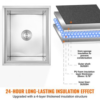 Cajón de Hielo Integrado, 21"L x 17"W x 18"H Enfriador de Acero Inoxidable, Bin de Hielo Comercial con Tapa, Bar de Hielo para Cocina Exterior de 40 qt, Incluye Tubería de Drenaje y Tapón de Drena...