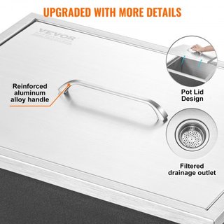 Cajón de Hielo Integrado, 21"L x 17"W x 18"H Enfriador de Acero Inoxidable, Bin de Hielo Comercial con Tapa, Bar de Hielo para Cocina Exterior de 40 qt, Incluye Tubería de Drenaje y Tapón de Drena...