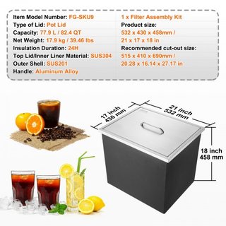 Cajón de Hielo Integrado, 21"L x 17"W x 18"H Enfriador de Acero Inoxidable, Bin de Hielo Comercial con Tapa, Bar de Hielo para Cocina Exterior de 40 qt, Incluye Tubería de Drenaje y Tapón de Drena...